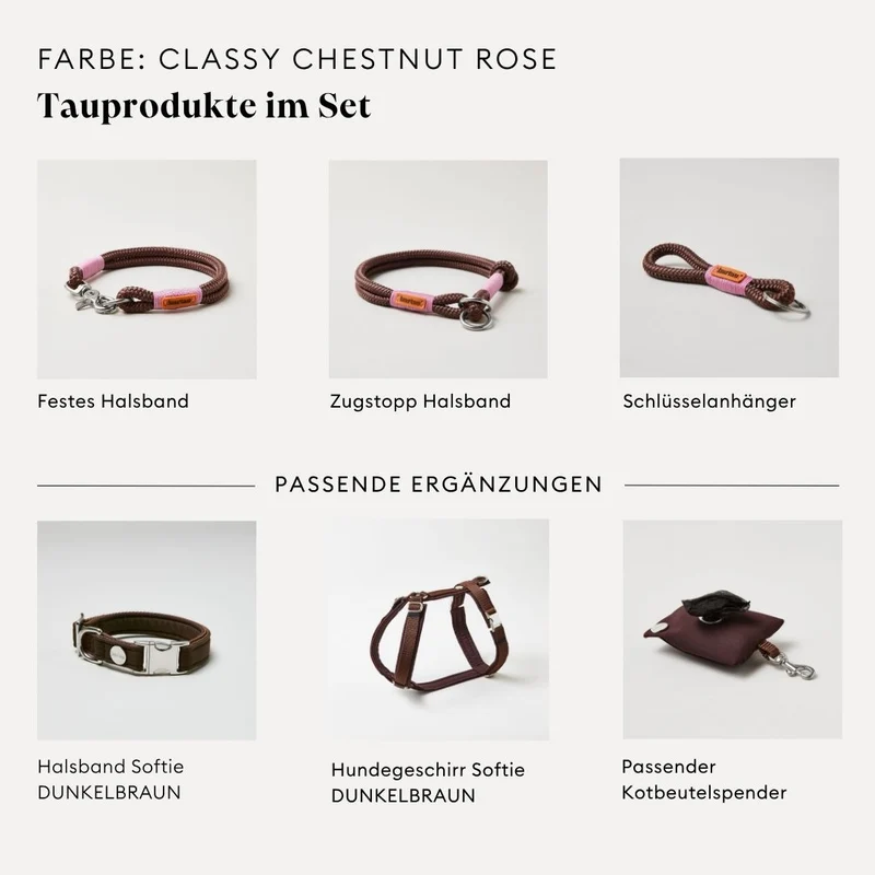 Tau-Retrieverleine Classy Chestnut ROSE, 190 cm (integrierte Halsung)