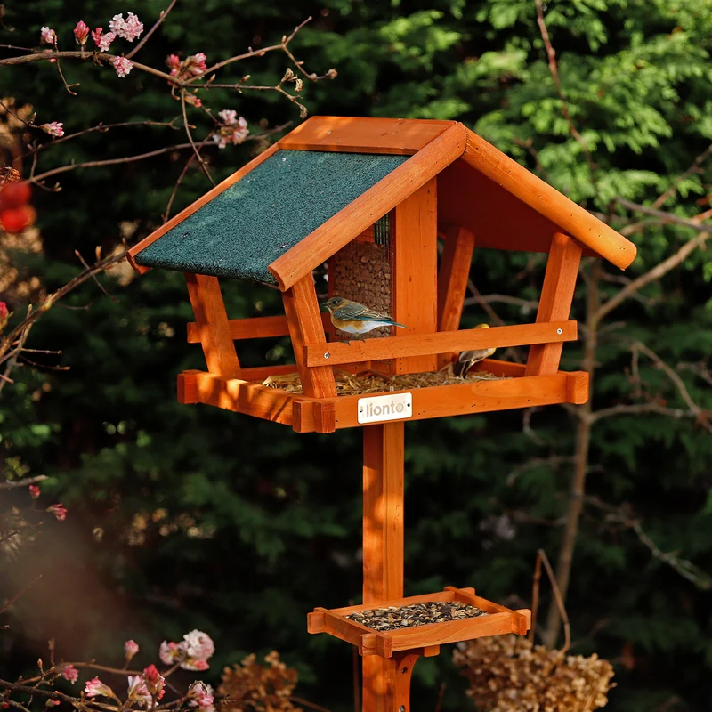 lionto Vogelhaus Futterhaus Vogelfutterhaus mit wetterfestem Dach und Ständer