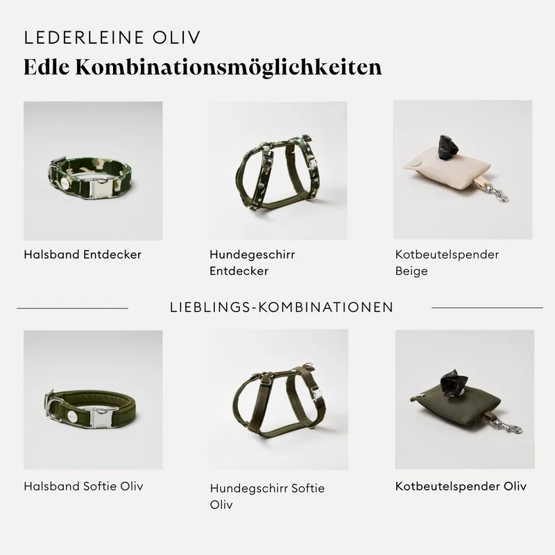 Lederleine PURE 190 cm, OLIV (Standard Leine)