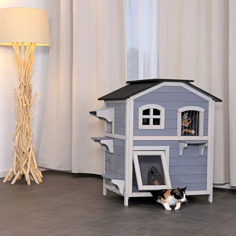 Katzenhaus mit klappbarem Dach 80x55x90 cm grau-weiß