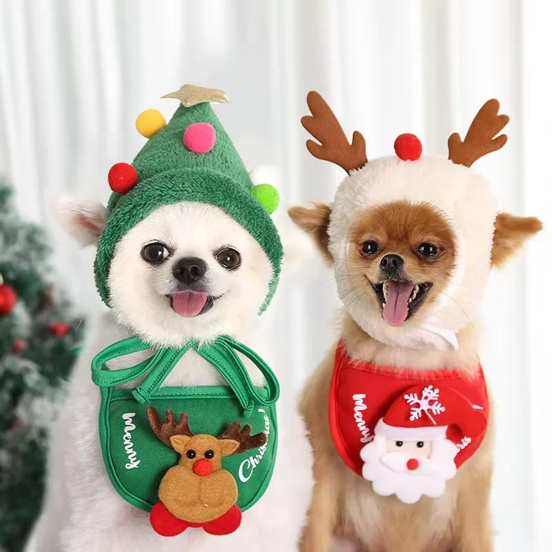 Christmas Pet Hat Cute Cat Dog Saliva Towel Cosplay Costume Dogs Clothes Pets Santa Bibs New Year Party Accessories