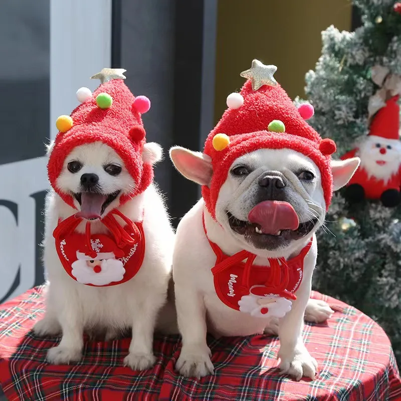 Christmas Pet Hat Cute Cat Dog Saliva Towel Cosplay Costume Dogs Clothes Pets Santa Bibs New Year Party Accessories