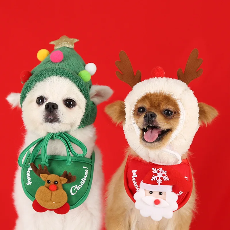 Christmas Pet Hat Cute Cat Dog Saliva Towel Cosplay Costume Dogs Clothes Pets Santa Bibs New Year Party Accessories