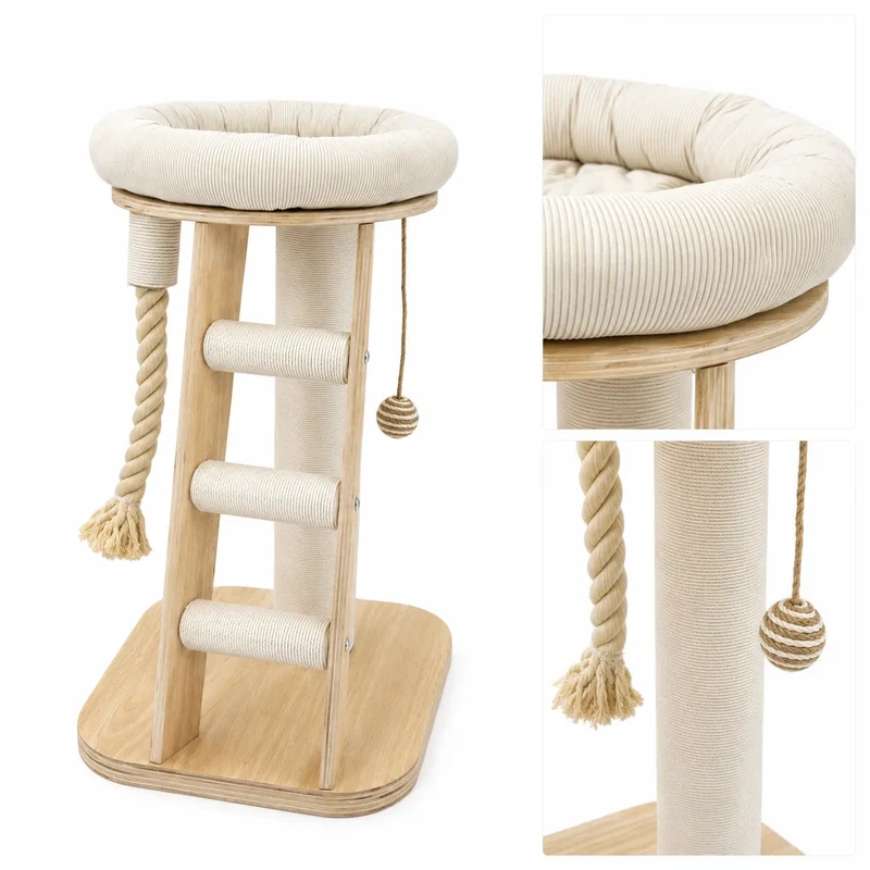 Kunert kleiner Kratzbaum beige mit Plattform, Spielzeug und Leiter - 72x39,5x48 cm