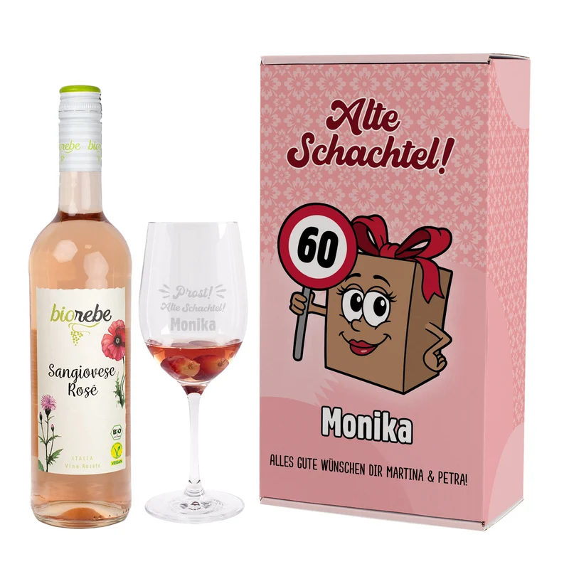 Bio Wein Geschenk Set zum Geburtstag personalisiert für alte Schachteln mit Weinglas & Geschenkbox