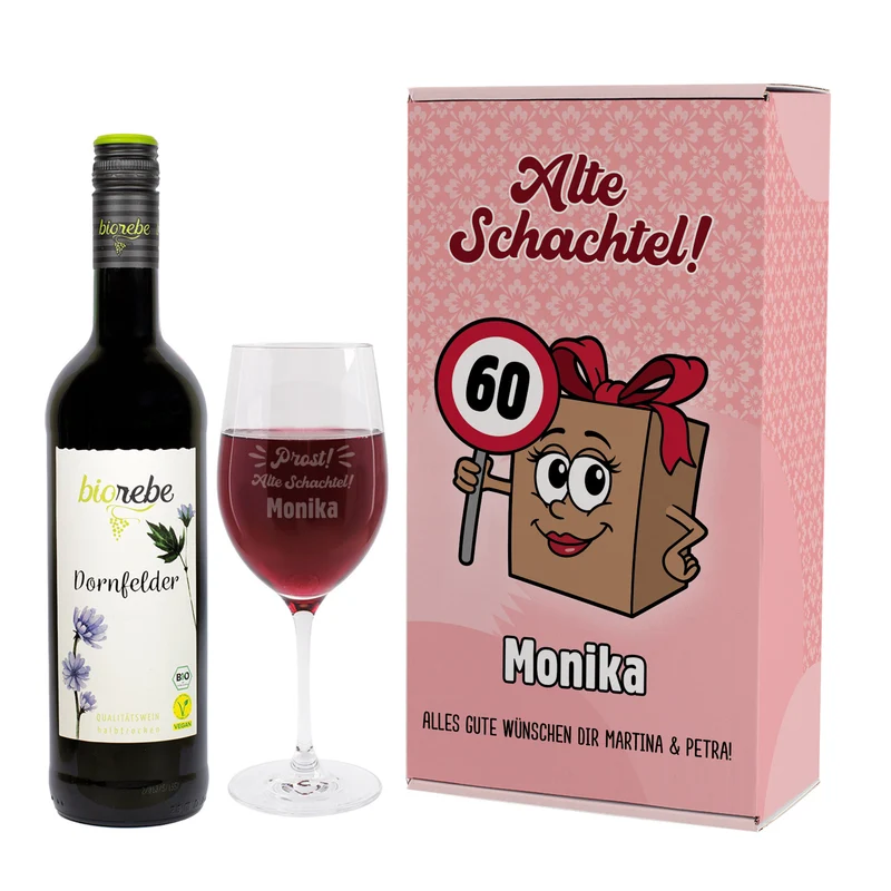 Bio Wein Geschenk Set zum Geburtstag personalisiert für alte Schachteln mit Weinglas & Geschenkbox