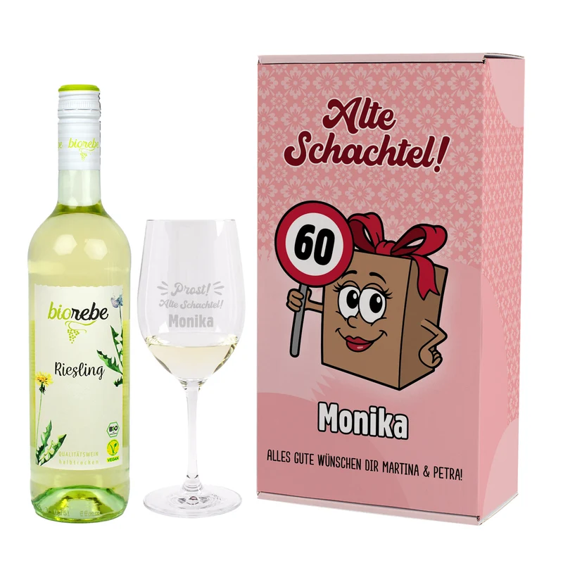 Bio Wein Geschenk Set zum Geburtstag personalisiert für alte Schachteln mit Weinglas & Geschenkbox