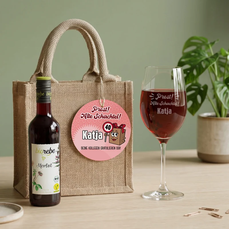 Biorebe Bio Wein Geschenkset zum Geburtstag Alte Schachtel mit Weinglas & Jutetasche personalisiert