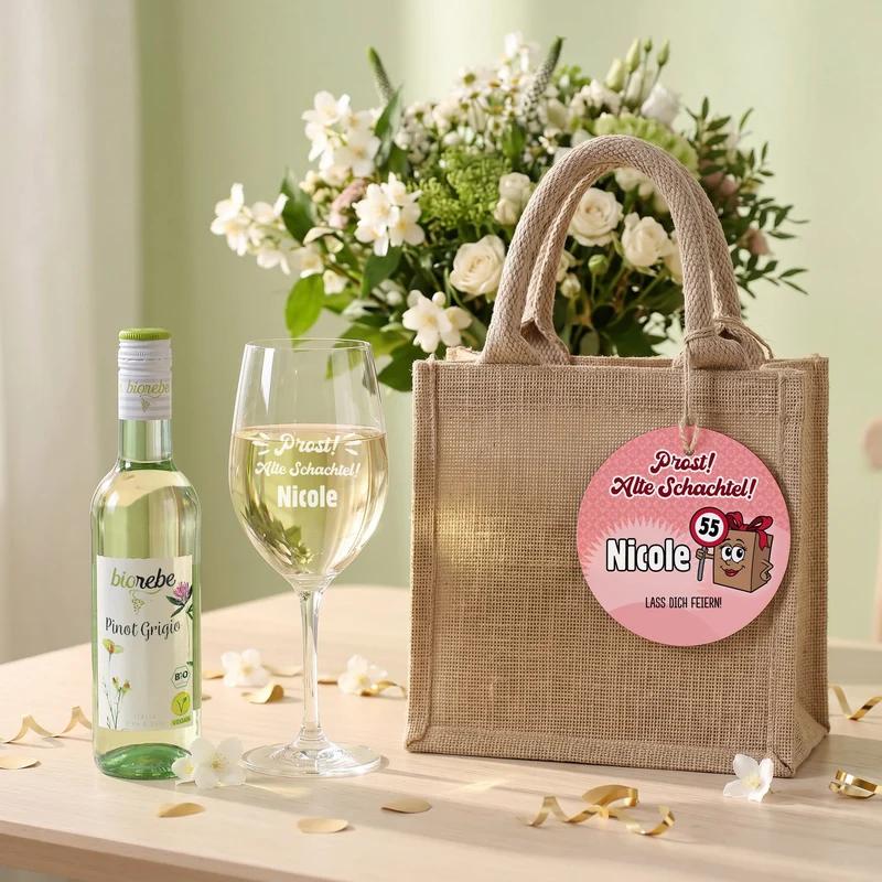 Biorebe Bio Wein Geschenkset zum Geburtstag Alte Schachtel mit Weinglas & Jutetasche personalisiert