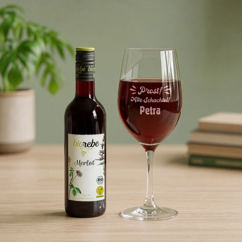Biorebe Bio Wein Geschenkset zum Geburtstag Alte Schachtel mit Weinglas & Jutetasche personalisiert