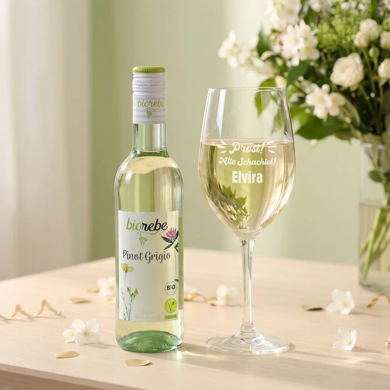 Biorebe Bio Wein Geschenkset zum Geburtstag Alte Schachtel mit Weinglas & Jutetasche personalisiert
