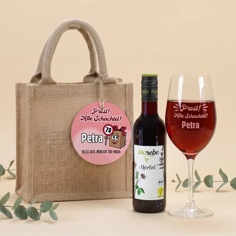 Biorebe Bio Wein Geschenkset zum Geburtstag Alte Schachtel mit Weinglas & Jutetasche personalisiert