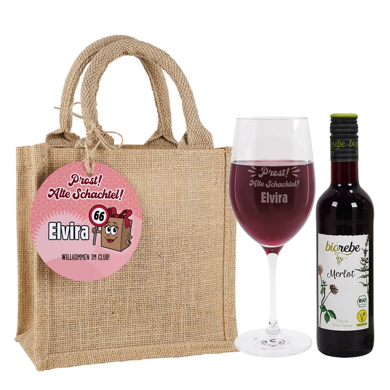 Biorebe Bio Wein Geschenkset zum Geburtstag Alte Schachtel mit Weinglas & Jutetasche personalisiert