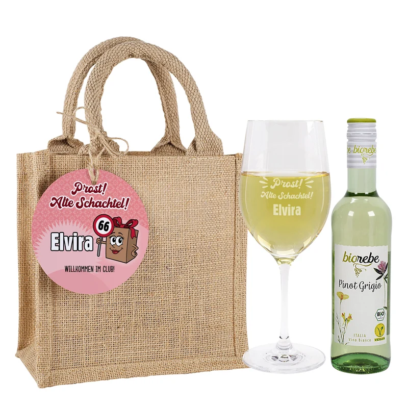 Biorebe Bio Wein Geschenkset zum Geburtstag Alte Schachtel mit Weinglas & Jutetasche personalisiert
