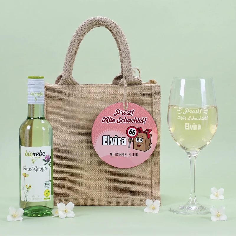 Biorebe Bio Wein Geschenkset zum Geburtstag Alte Schachtel mit Weinglas & Jutetasche personalisiert