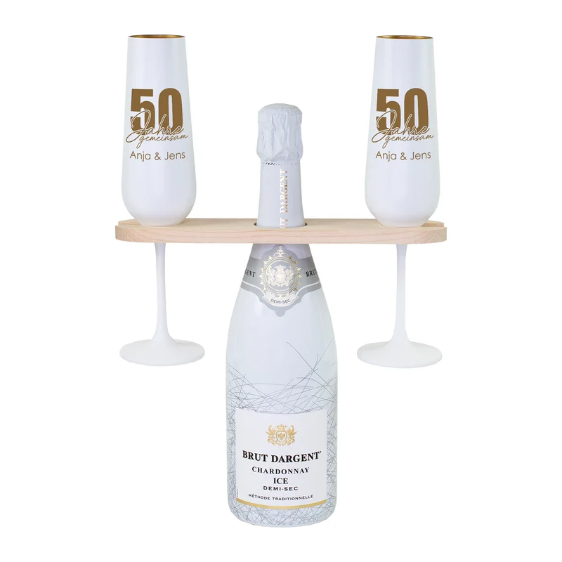 Personalisiertes Geschenkset zur goldenen Hochzeit mit Chardonnay & gravierten Sektgläsern