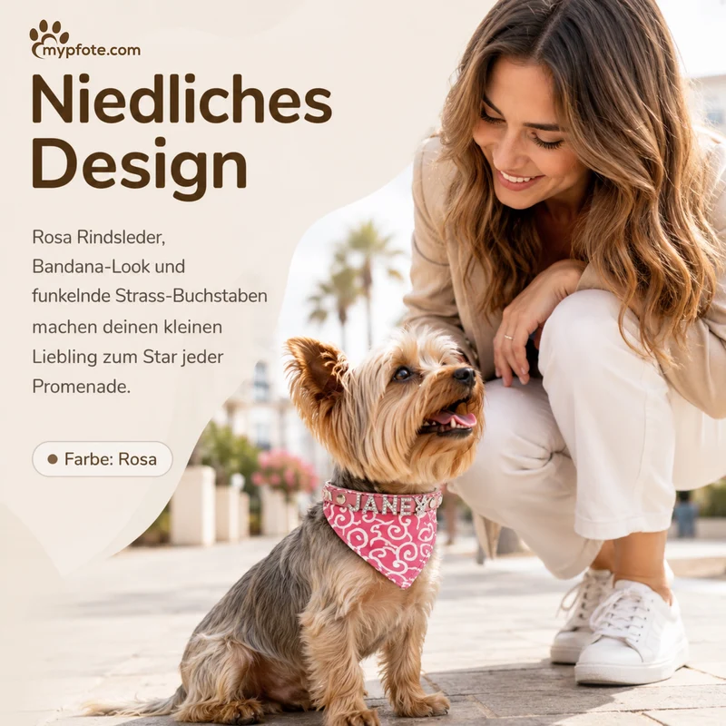 Hundehalstuch mit Namen und Hundehalsband aus echtem Leder. Besetzt mit glitzer Strass-Buchstaben