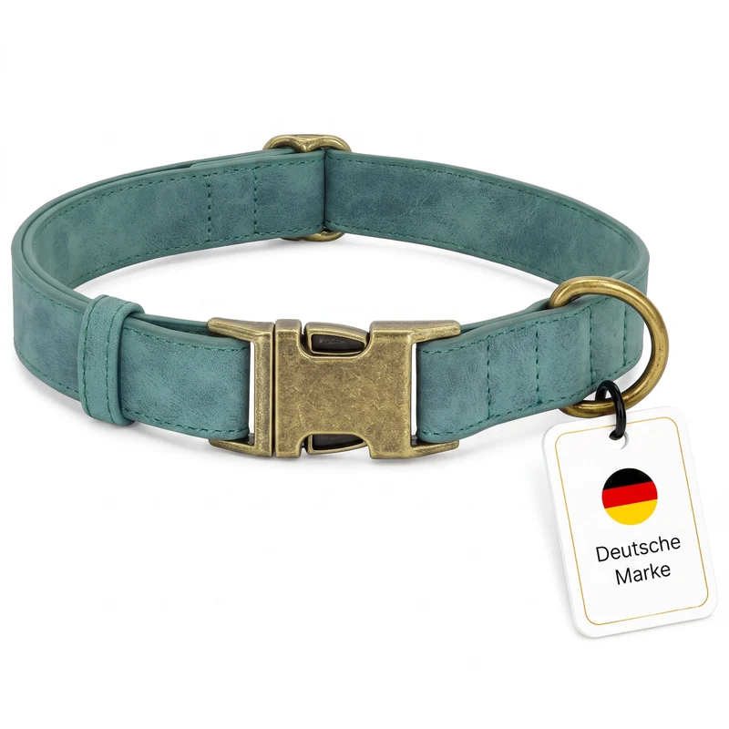 Edles Hundehalsband im Vintagelook mit Messingschnalle und kostenloser Gravur Name und Telefon