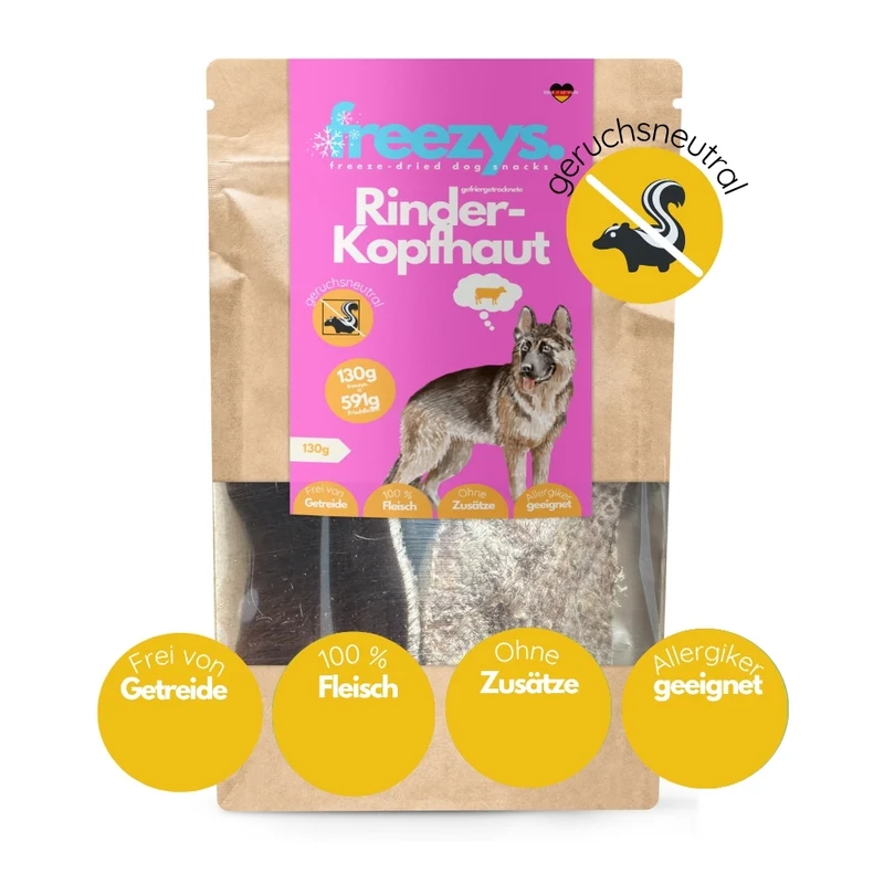 Kausnack Gefriergetrocknete Rinderkopfhaut mit Fell zur Magen/Darm Reinigung 130g
