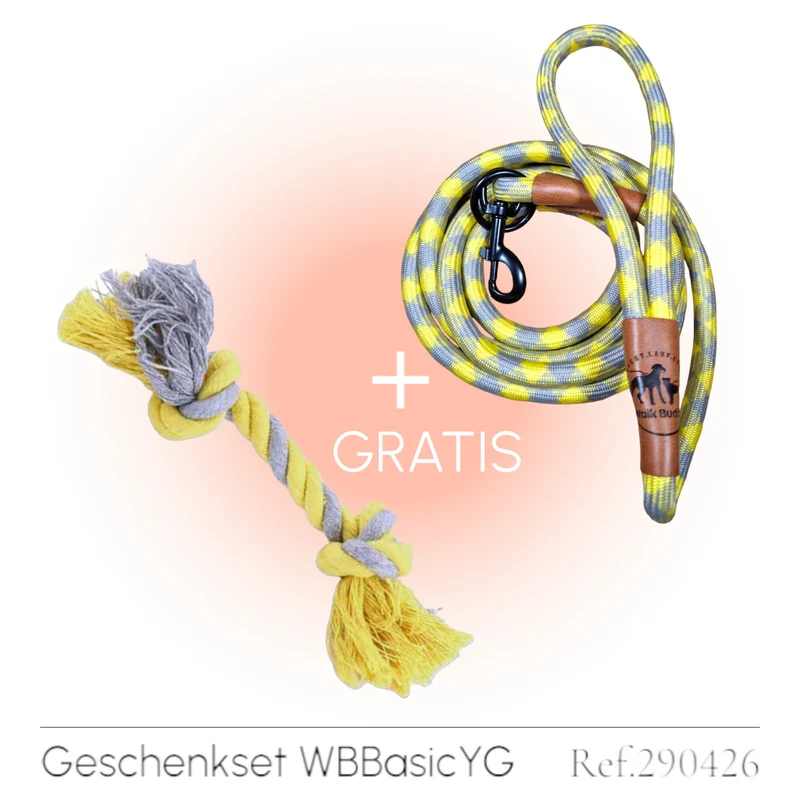 Hundeleine grau gelb mit gratis Tauseil und Kotbeutelspender