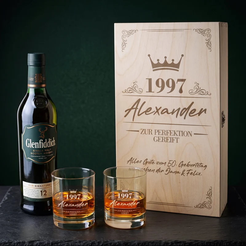 Glenfiddich Whisky Geschenkset personalisiert mit 2 Gläsern & Holzkiste | Geschenk zum Geburtstag