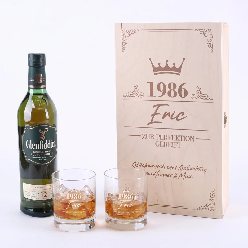Glenfiddich Whisky Geschenkset personalisiert mit 2 Gläsern & Holzkiste | Geschenk zum Geburtstag