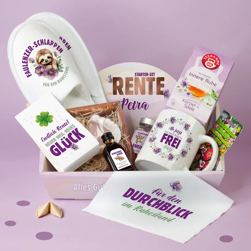 Starter Set zur Rente mit Name personalisiert | Geschenkkorb zum Ruhestand für Kollegen & Familie