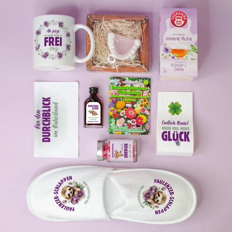 Starter Set zur Rente mit Name personalisiert | Geschenkkorb zum Ruhestand für Kollegen & Familie