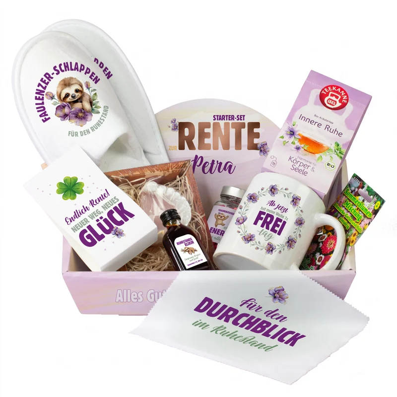 Starter Set zur Rente mit Name personalisiert | Geschenkkorb zum Ruhestand für Kollegen & Familie