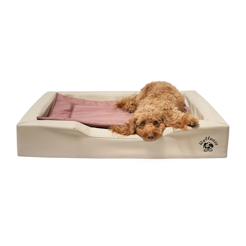 Pfotenruhe Hundebett + Anti-Haar Decke Ella – Beige/Rosa