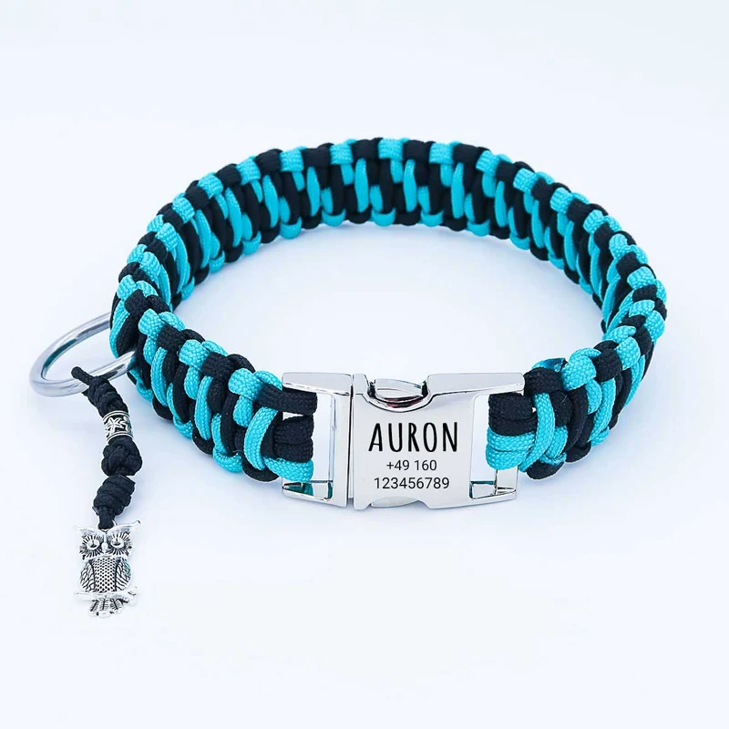 Paracord Hundhalsband "Auron" mit Gravur von Name und Telefon auf der Schnalle, drei verschiedene Größen