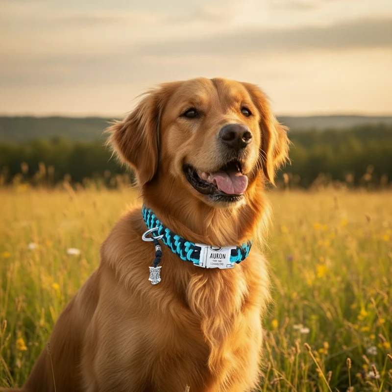Paracord Hundhalsband "Auron" mit Gravur von Name und Telefon auf der Schnalle, drei verschiedene Größen