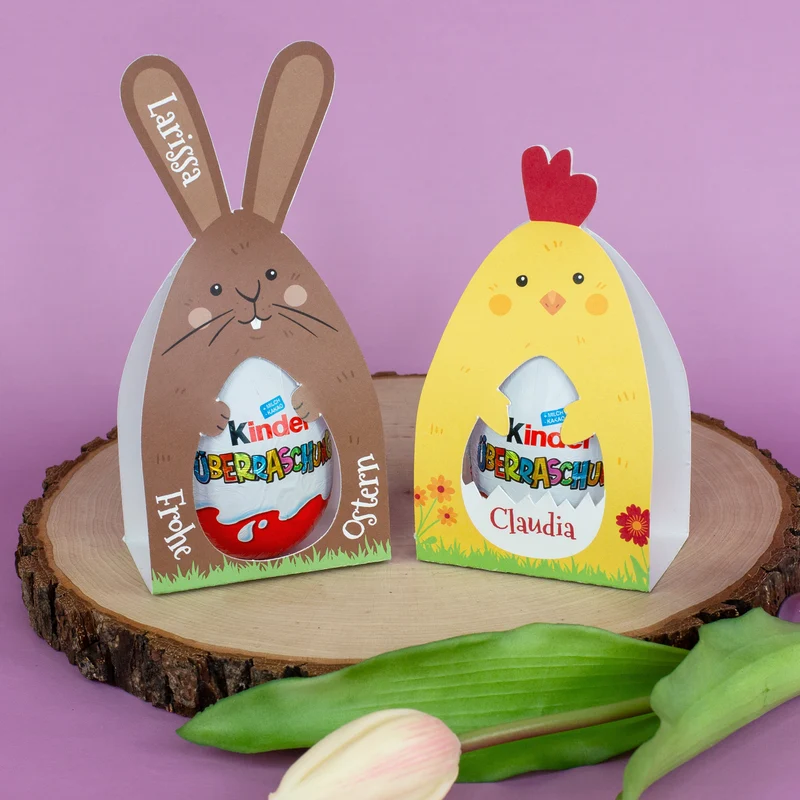 Personalisiertes Überraschungsei mit Name | Schoko-Ei zu Ostern in Hase oder Huhn Verpackung