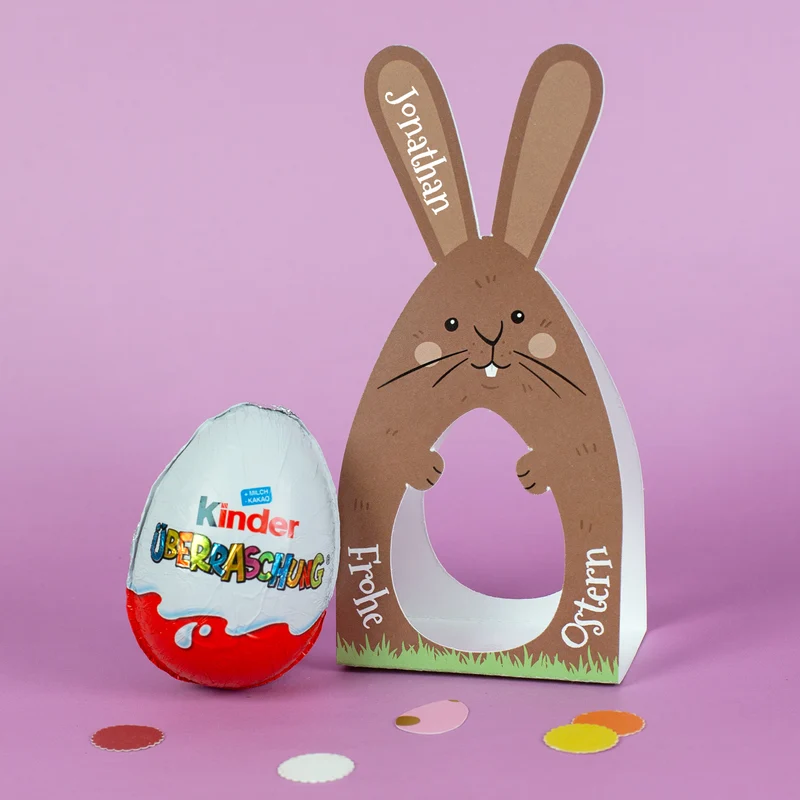 Personalisiertes Überraschungsei mit Name | Schoko-Ei zu Ostern in Hase oder Huhn Verpackung