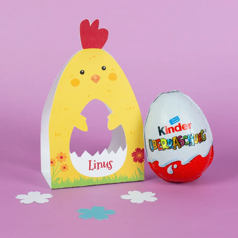 Personalisiertes Überraschungsei mit Name | Schoko-Ei zu Ostern in Hase oder Huhn Verpackung