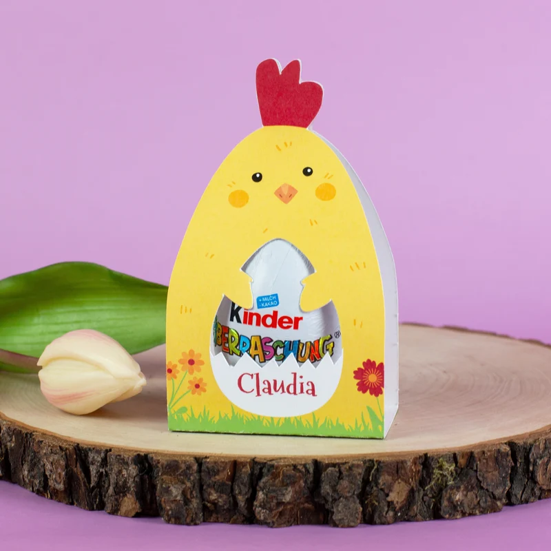 Personalisiertes Überraschungsei mit Name | Schoko-Ei zu Ostern in Hase oder Huhn Verpackung
