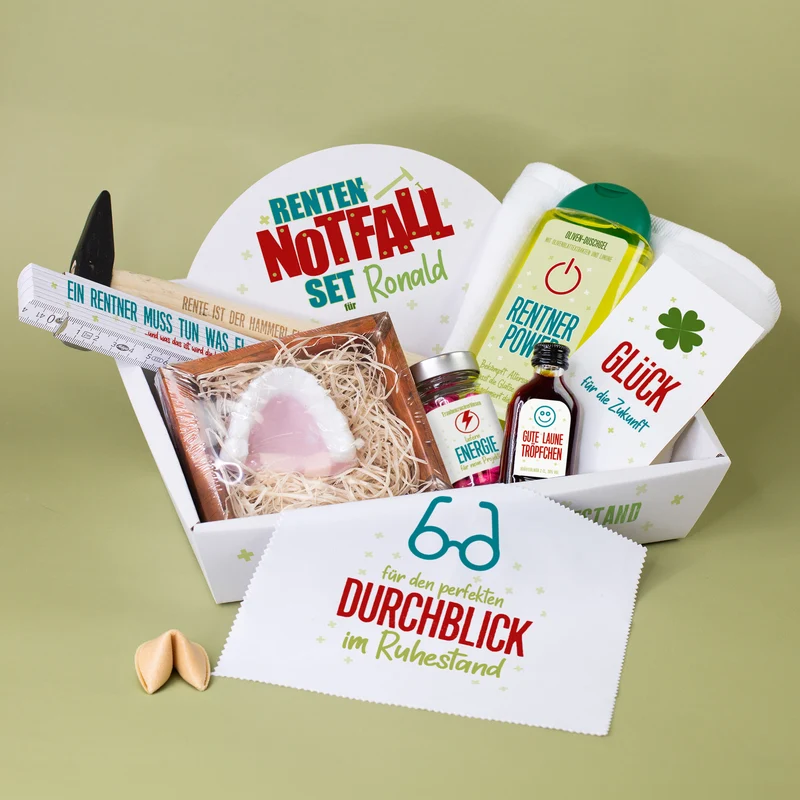 Renten Notfall Set mit Name personalisiert | Geschenkkorb zur Rente & Ruhestand für Männer & Frauen