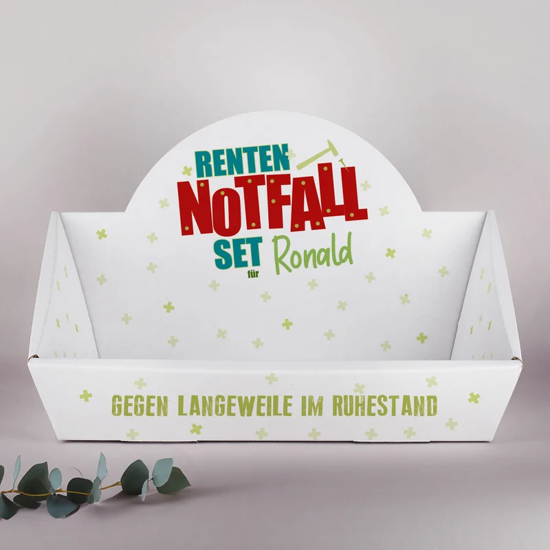Renten Notfall Set mit Name personalisiert | Geschenkkorb zur Rente & Ruhestand für Männer & Frauen