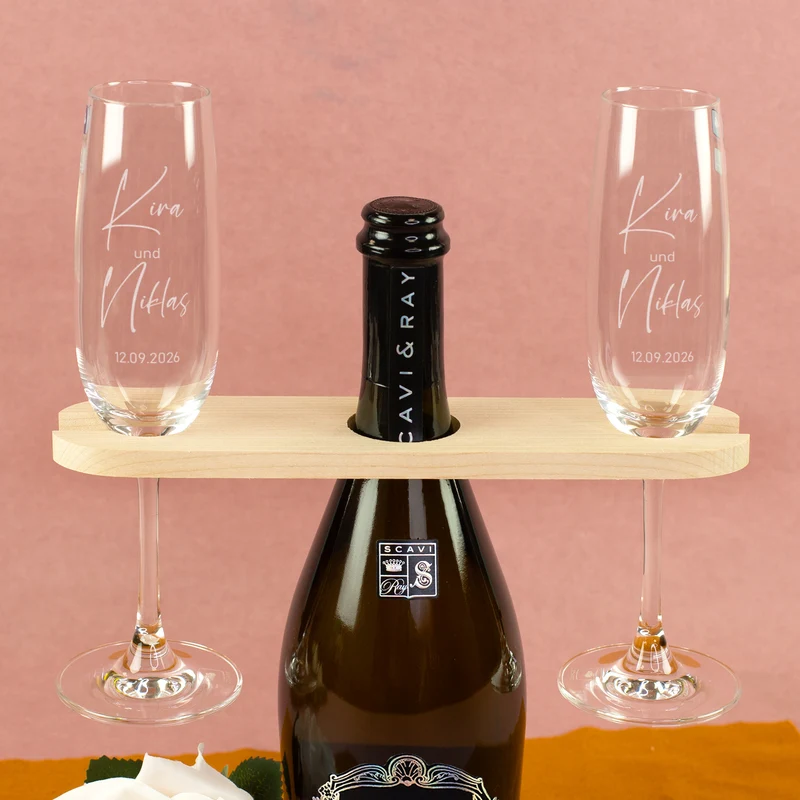 Hochzeitsgeschenk Set mit Scavi & Ray Prosecco, Leonardo Gläsern & Weinbutler | Gravur für Brautpaar