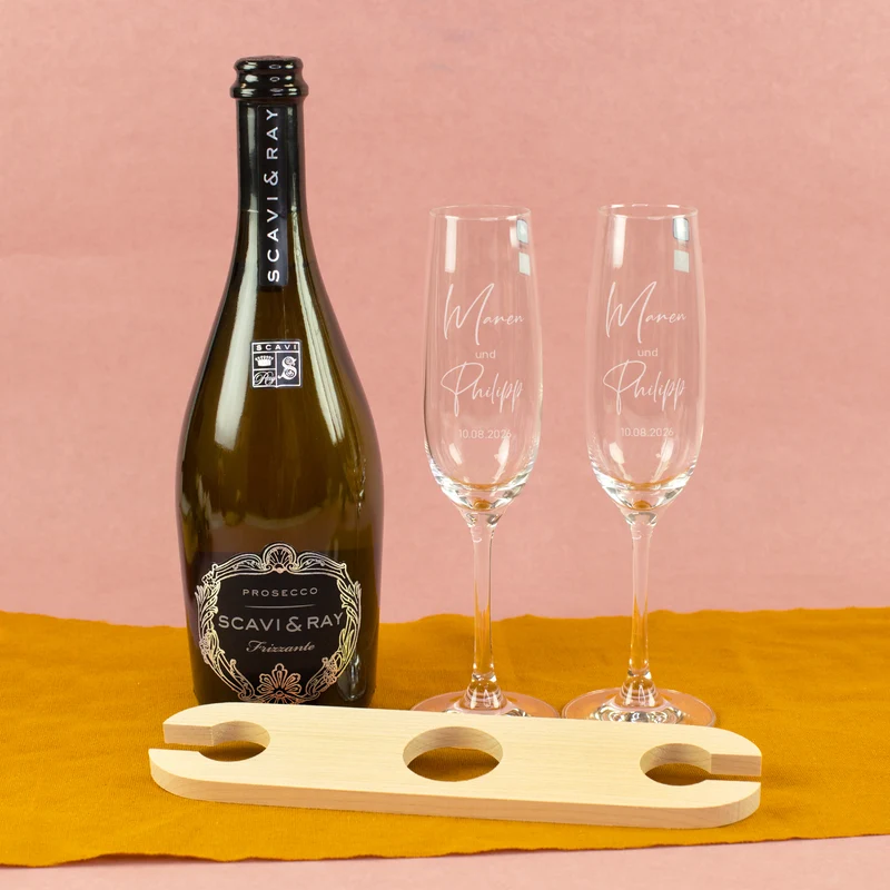 Hochzeitsgeschenk Set mit Scavi & Ray Prosecco, Leonardo Gläsern & Weinbutler | Gravur für Brautpaar