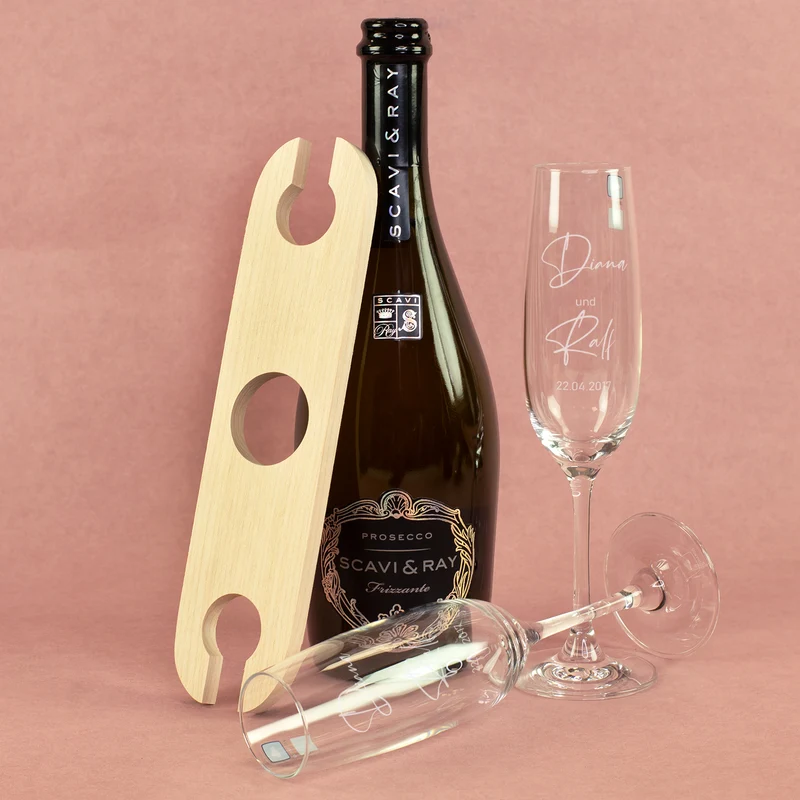 Hochzeitsgeschenk Set mit Scavi & Ray Prosecco, Leonardo Gläsern & Weinbutler | Gravur für Brautpaar