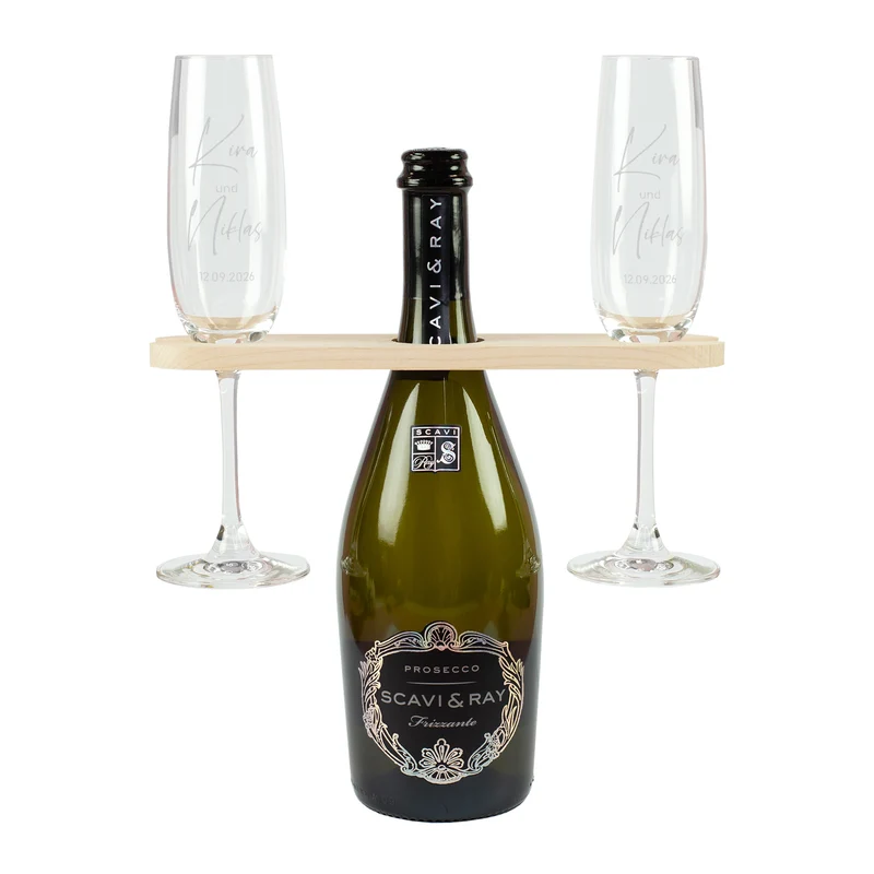 Hochzeitsgeschenk Set mit Scavi & Ray Prosecco, Leonardo Gläsern & Weinbutler | Gravur für Brautpaar