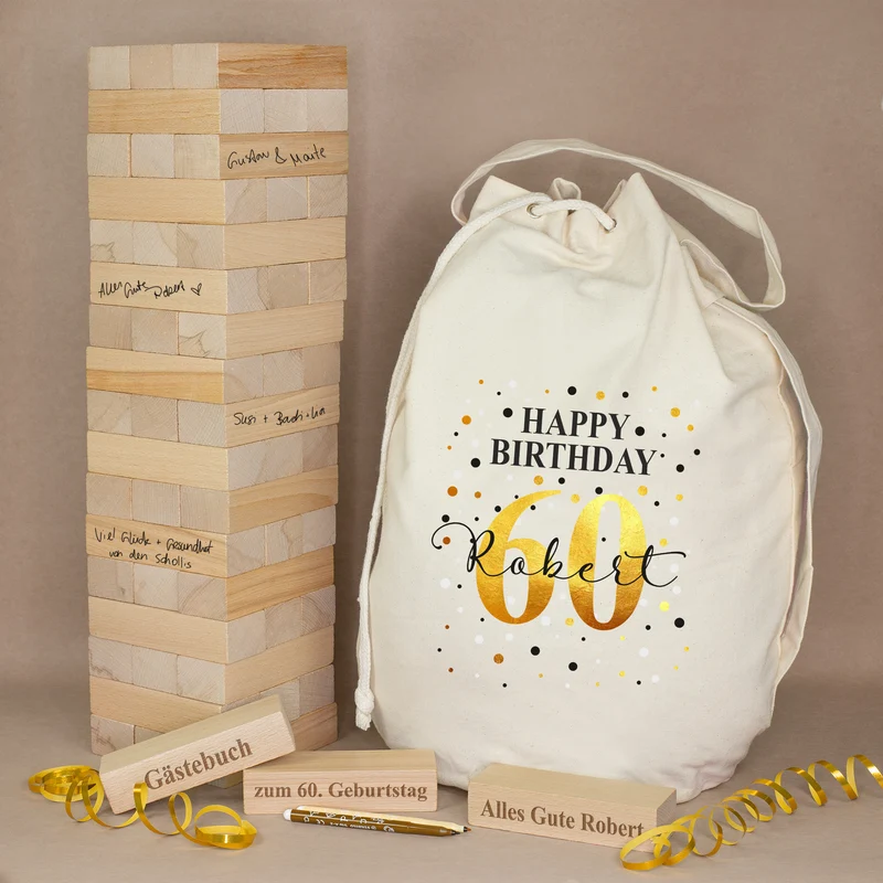 XXL Jenga Wackelturm als personalisiertes Gästebuch zum Geburtstag mit Geschenkesack | Kreatives Geschenk