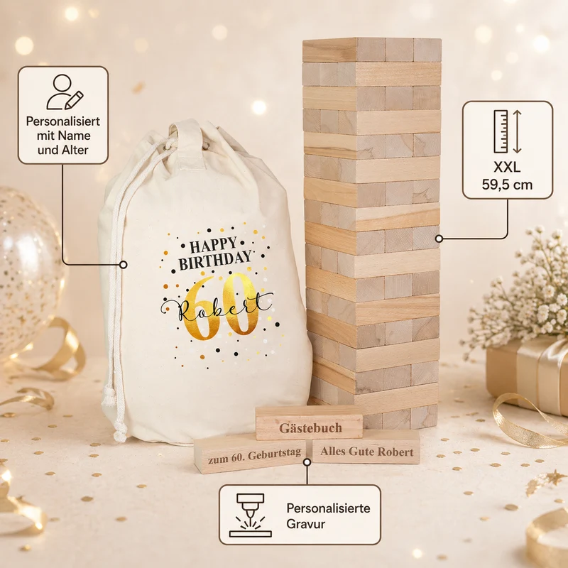 XXL Jenga Wackelturm als personalisiertes Gästebuch zum Geburtstag mit Geschenkesack | Kreatives Geschenk