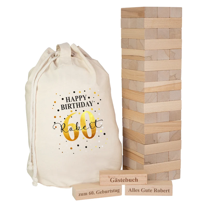 XXL Jenga Wackelturm als personalisiertes Gästebuch zum Geburtstag mit Geschenkesack | Kreatives Geschenk