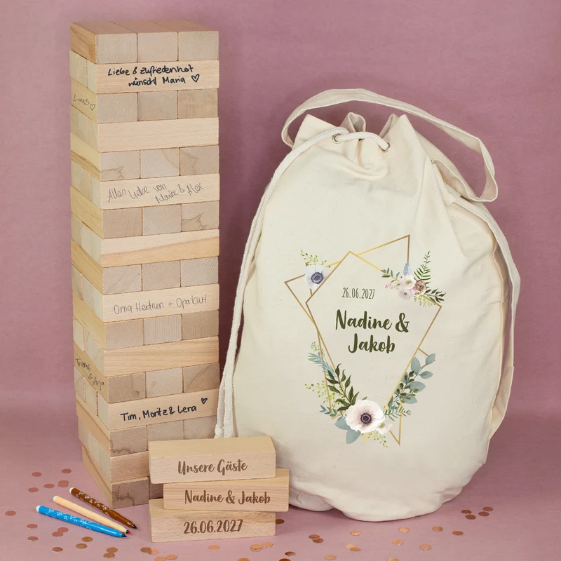XXL Jenga Wackelturm als personalisiertes Gästebuch zur Hochzeit mit Gravur & Geschenksack mit Motiv