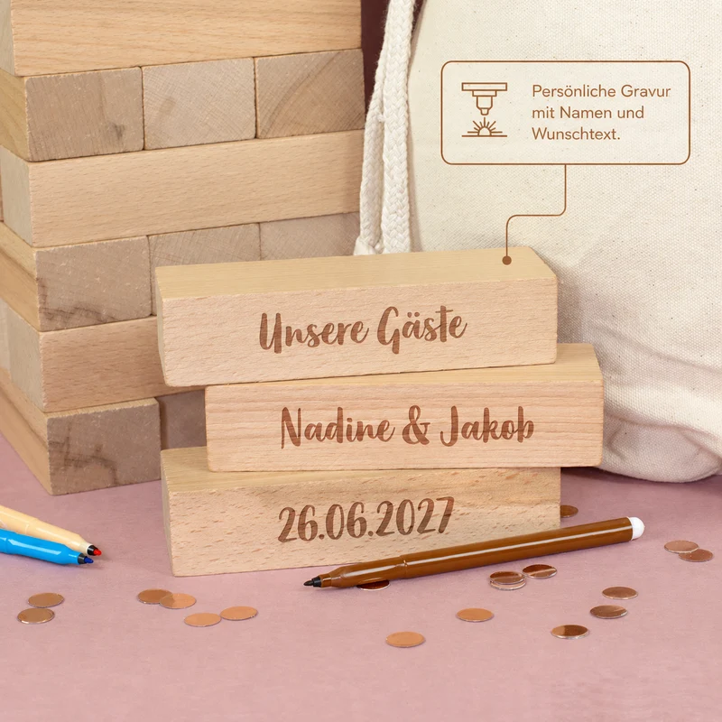 XXL Jenga Wackelturm als personalisiertes Gästebuch zur Hochzeit mit Gravur & Geschenksack mit Motiv
