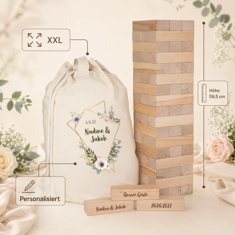 XXL Jenga Wackelturm als personalisiertes Gästebuch zur Hochzeit mit Gravur & Geschenksack mit Motiv