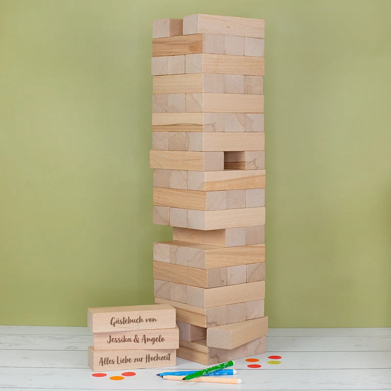 XXL Jenga Wackelturm als personalisiertes Gästebuch zur Hochzeit mit Gravur & Geschenksack mit Motiv