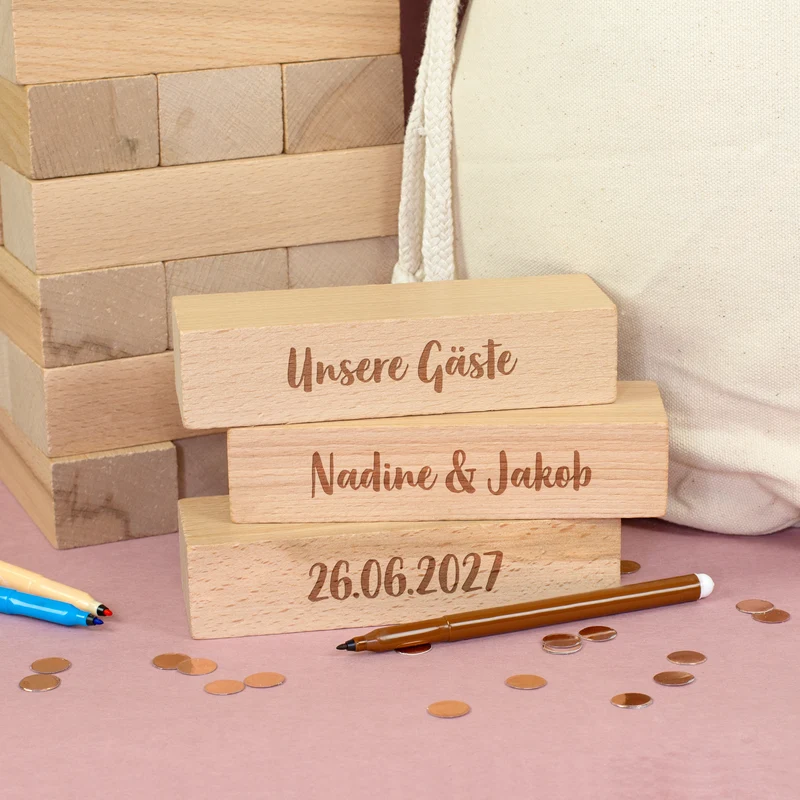 XXL Jenga Wackelturm als personalisiertes Gästebuch zur Hochzeit mit Gravur & Geschenksack mit Motiv
